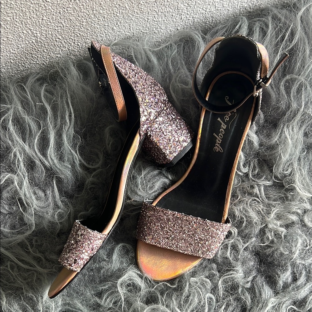 Free People soft pink glitter Block Heel Sandals, size 38